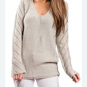 PPLA Women's Cream Multi Knit V-Neck Sweater - NWT - Size Medium